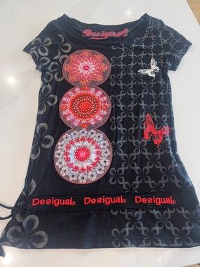 Desigual Black Tee with Red & Pink Mandala Motifs